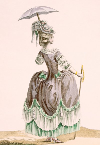 Dupinによって刻まれた女性の灰色のプロムナードドレスの背面図、「Galeries des Modes et Costumes Francais」c.1778-87からのプレートno.38 作： Pierre Thomas Le Clerc